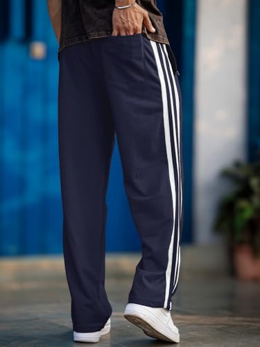 Image of Men's Track Pants with White Side Stripes | 4-Way Lycra Twill Polyester Straight Relaxed Fit Joggers | Mid-Rise Flexi Waist Lounge Bottoms