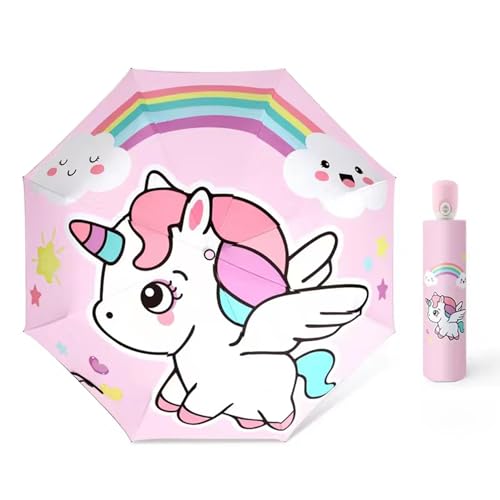 Hannstar kids Folding Travel Umbrella, Strong and Portable - Wind Resistant, Anti-UV Compact Durable Umbrella, Auto Open/Close, Lightweight Backpack Cute Umbrella for girls & boys (Rainbow Unicorn)