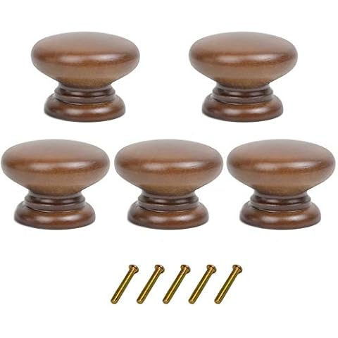 Metany 5PCS Round Wood Drawer Knob,Dresser Furniture Drawers 33mm Dia,Walnut Cabinet Pulls Handles with Screws Hardware for Drawer Wardrobe Dresser Cover