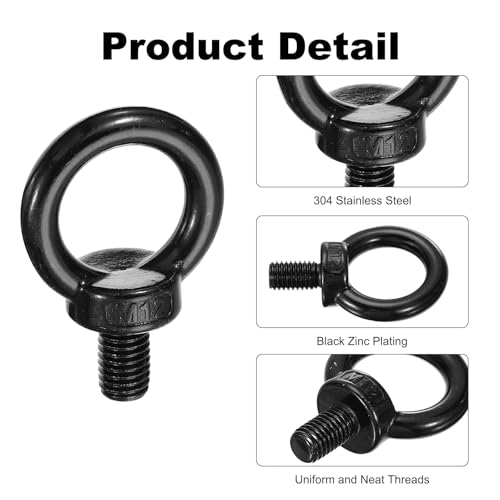 Image of PATIKIL Lifting Eye Bolts M12 x 20mm, 2 Pcs 304 Stainless Steel Shoulder Ring Threaded Screw Machinery Shoulder Eyebolt for Lifting Hanging, Black