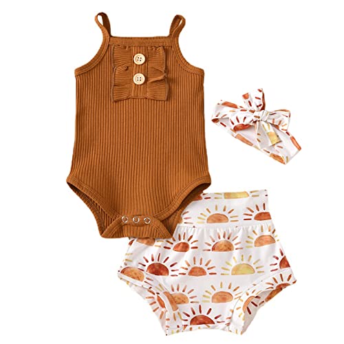 Image of SISIDOLLS Newborn Baby Girls Romper Shorts Set 3pcs Cotton Romper Floral Shorts with Headband Summer Cute Baby Clothes