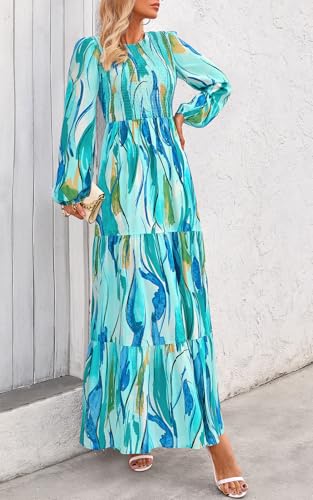 Image of PRETTYGARDEN Women's Fall Dresses 2026 Long Sleeve Flowy Casual Floral Maxi Dress Crew Neck Smocked Tiered Long Dress