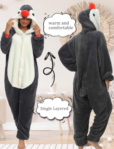 Einteiliger Schlafanzug Damen Lang Winter Einteiler Tierkostüm Erwachsene Kostüm Jumpsuit Damen Kuschelig Pyjama Fleece Onesie Kleidung Mit Kapuze und Reißverschluss (Grauer Pinguin-7131, M)