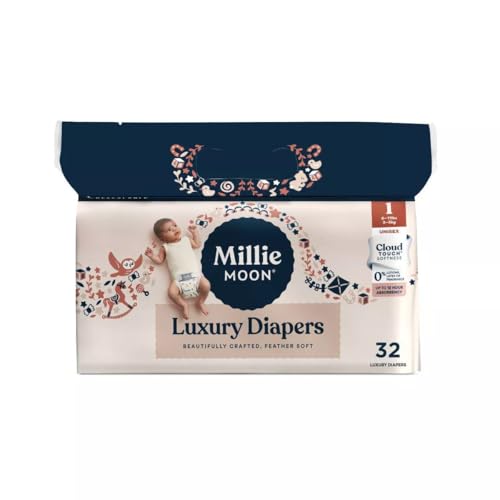 Image of Millie Moon Luxury Diapers, Size 1, 32 Count, Cloud Touch Softness, 12 Hour Absorbency, Unisex