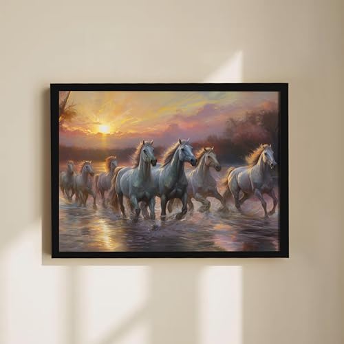Image of 7 Running Horses Vastu Framed Wall Art Painting for Living Room |Seven Running Horses Painting With Frame Symbol of Success & Positive Energy Wall Art For Home and Office 17x23 Inch