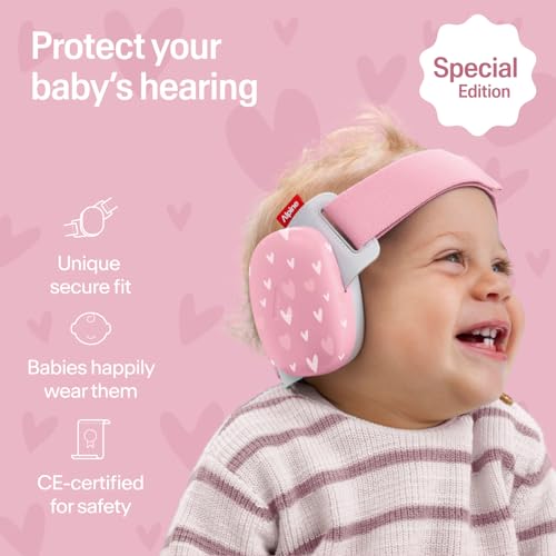 Image of Alpine Muffy Baby Comfort - Protects Hearing for Babies and Toddlers - CE & ANSI Certified - Headband for Safe fit & Comfort - Adjustable for Ages 3-48 Months - 24dB Sound Reduction, Hearts