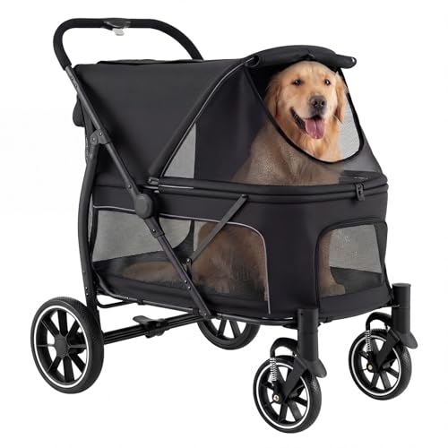 COSTWAY Passeggino Pieghevole per Cani, Carrozzina per Cani Fino a 40 kg con Entrata Bassa, Finestra Regolabile in Rete, Tasche Portaoggetti e Cintura di Sicurezza per Animali Tutte le Taglie (Nero)