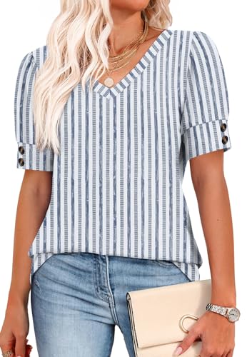 Image of OFEEFAN Womens Tops Short Sleeve Shirts Buttons V Neck Spring Fashion Summer Outfits Plus Size Blouses Dressy Casual
