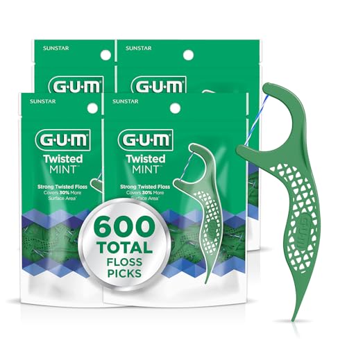 GUM Twisted Mint Dental Floss Picks Twisted Threads with Shred-Resistant Floss & Easy-Grip Handle Mint Flavor 150 Count (Pack of 4) 600 Total