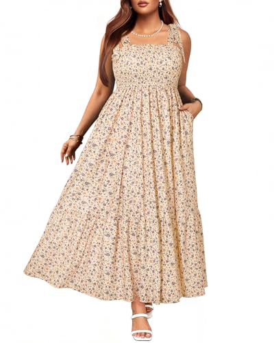 Women Plus Size Summer Dresses Floral Sleeveless Sundress Spaghetti Strap Smocked Casual Maxi Dress with Pockets