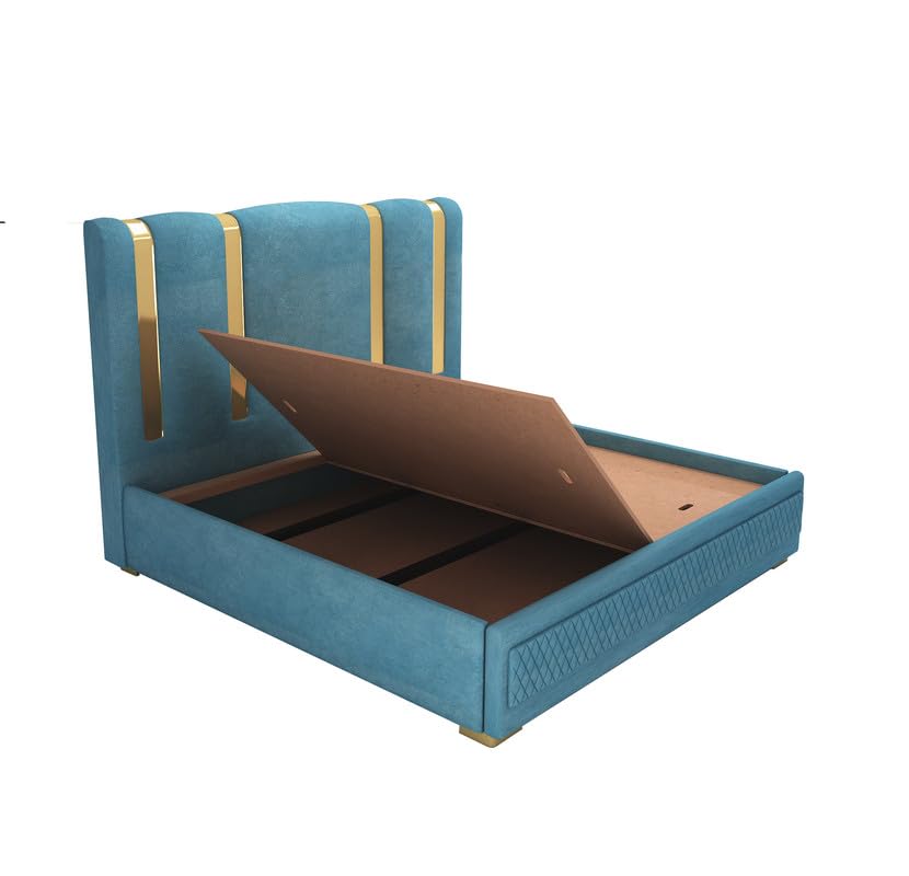 Image of STRATA FURNITURE Solid Wood King Size Bed with Box Storage and Upholstered Headboard | Modern Wooden Double Bed Cot Palang Furniture for Bedroom, Hotels, Living Room, and Home (Blue)
