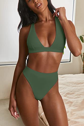 Fatty Tiger 1096 BIKINI Women Two Piece High Waisted Bikini Set Swimsuits Push Up Halter Tummy Control Bottoms Bathing Suits Army Green S thumb #2