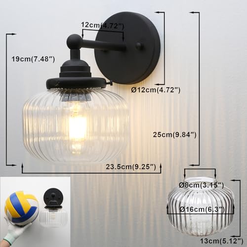 Image of Yosoan 1-Light Indoor Modern Wall Sconce, Vanity Modern Single Vintage Industrial Wall Mount Fixture Lights with Clear Striped Glass Shade Lamp for Bathroom Kitchen Mirror Bedroom Dinning Room(Black)