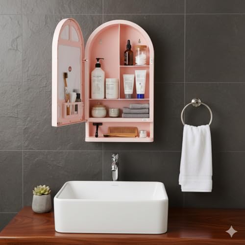 Image of BRANCO Plastic Ideal Mirror Cabinet | Multipurpose Cabinet | Wall Mounted Hanging Mirror Bathroom Accessories | Mirror Cabinet for Living Room, Bathroom, Bedroom (Pink)