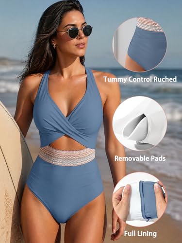 Image of B2prity One Piece Swimsuit for Women Tummy Control V Neck Bathing Suit Color Block High Waisted Cutout Swimwear