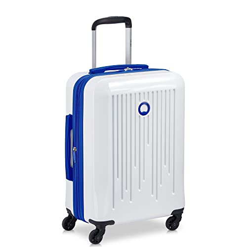 DELSEY PARIS Christine Hardside Expandable Luggage, Stylish and Unique, Glossy Exterior with 360 Spinner Wheels, Lockable Telescoping Handle, Men and Women, White with Blue Trim, Carry-On 20-Inch