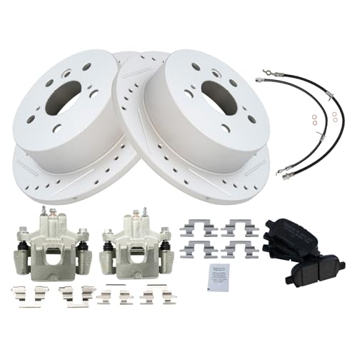 Image of TRQ Performance Rear Brake Pad and Rotor Set Ceramic Slotted Drilled Calipers Compatible with 2006-2007 Toyota Avalon 2006-2008 Solara