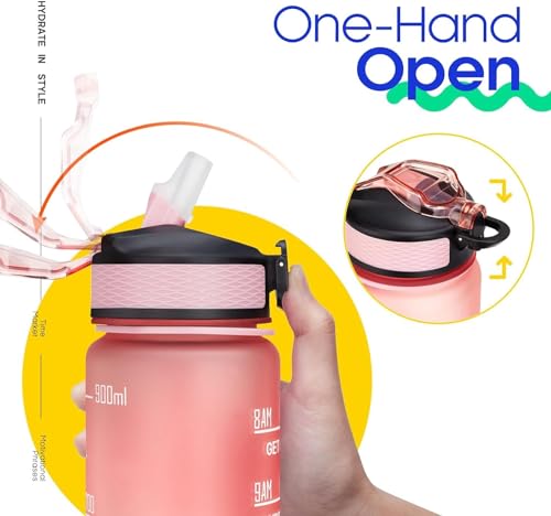 Image of TEKCOOL Motivational 1L Capacity Pink Plastic Bottle with Straw | Leakproof, Durable, BPA-Free | Ideal for School /College /Office /Travel, Sports /Outdoor Activities'