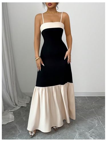 Image of SOLY HUX Women's Color Block Ruffle Hem Maxi Dress Spaghetti Strap Elegant Long Cami Dresses