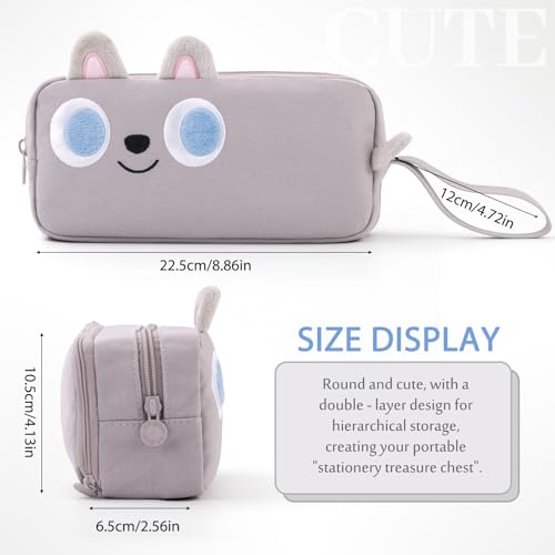 Image of CICIMELON Cartoon Pencil Case, Large Capacity Pen Pouch with Embroidered Animal Design, School Supplies Bag for Kids, Teens, Students (Gray Dog)