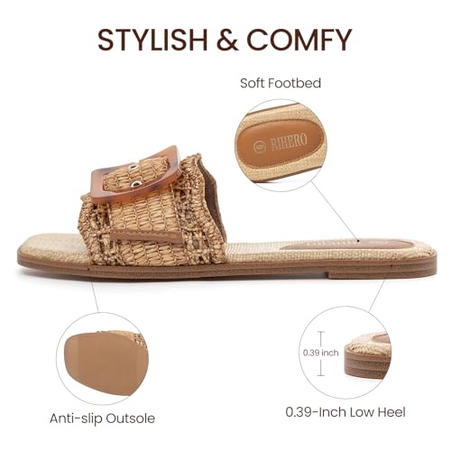 Image of Rihero Women's Raffia Flat Sandals Square Open Toe Summer Beach Slip On Woven Buckle Slide Sandals