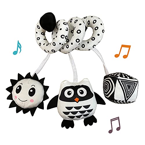Image of Hanging Toys for Car Seat Crib Mobile, Infant Baby Spiral Plush Toys for Crib Bed Stroller Car Seat Bar - Black and White Color Toy with Rattles Owl BB Squeaker Sun