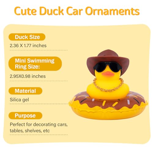 Image of wonuu Car Rubber Duck, Yellow Duck Decoration Dashboard with Sun Hat Swim Ring Necklace Sunglasses for Car Dashboard Decorations, Black Spots Brown Cowboy Hat-Brown Donut