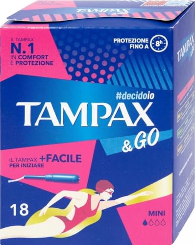 Tampax & Go Mini 18 Tampons mit Kunststoff-Applikator mit rutschfestem Griff und doppelter Schutzkordel ideal für leichte Flüssigkeiten für die ersten Tage der Periode