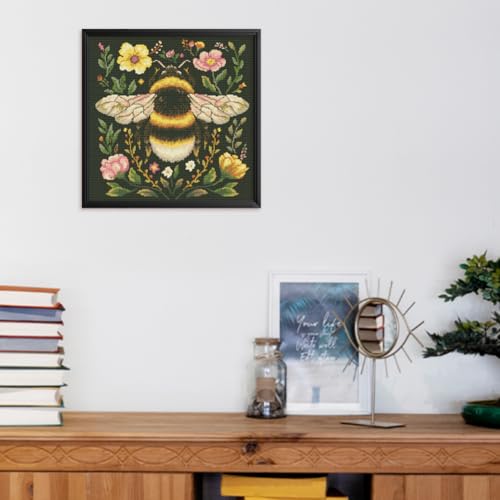 Image of FREEBLOSS 11CT Stamped Cross Stitch Kit for Adults Beginners with Instructions Bees and Floral Pattern Cross Stitch Wall Hanging Kit Embroidery Wall Art Decoration No Frame 18x18in