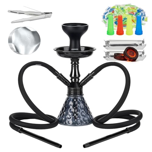 Hookah Set With Everything 2 Hose - Premium mini Hookah Portable Shisha set with Thick Glass Vase, Big Silicone Bowl, Silicone hose - Includes 20 Coals, 50 Foils, 100 Tips - Shisha for Home Party