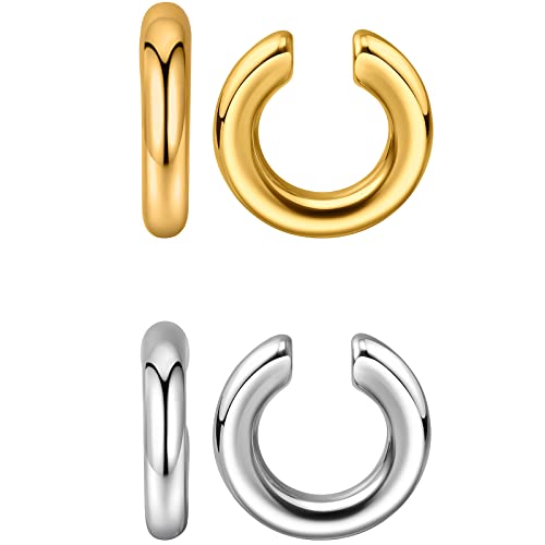 Ear Cuffs for Women,Ear Cuff, Chunky Huggie Hoop Earrings,Cartilage Upper Non Piercing,14k Gold and Silver Set 2pcs