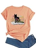 J&DHUASHA Cat Book Floral T Shirt for Women Funny Short Sleeve Graphic T-Shirts Cat and Book Lover Reader Gifts Tees Tops(TS30, M)