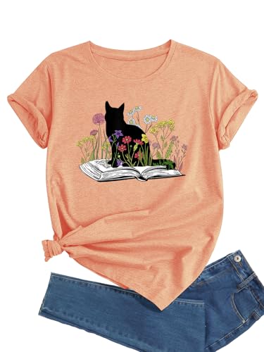 J&DHUASHA Cat Book Floral T Shirt for Women Funny Short Sleeve Graphic T-Shirts Cat and Book Lover Reader Gifts Tees Tops(TS30, M)