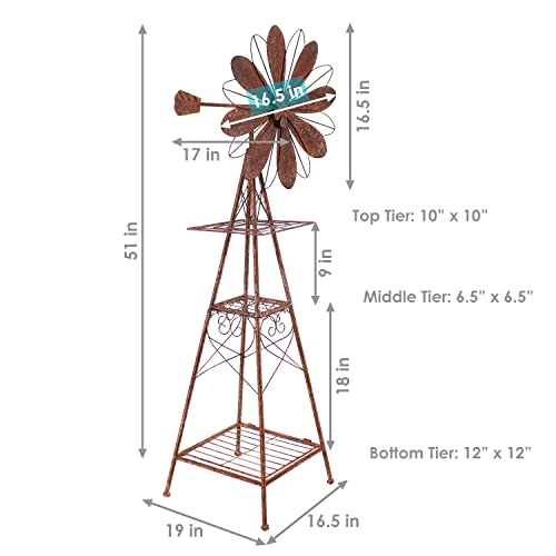 Sunnydaze Rustic Windmill Metal Outdoor Garden Statue With Tiers - Garden, Deck, And Yard Decorative Figurine - Brown/Copper - 51-Inch #TOP2