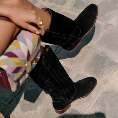 Suede Knee High Boots for Women Square Toe Low Heel Tall Boots Wide Calf Pull on Fall Fashion Long Boots4