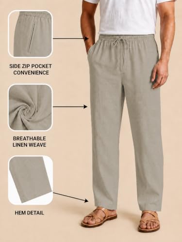 Image of TAGDO Cotton Linen Pants for Man | Lightweight & Breathable Fabric | Elastic with Drawstring | Straight Fit & One Side Zip Pocket | Casual, Holidays, Travel & Everyday Wear (2076)