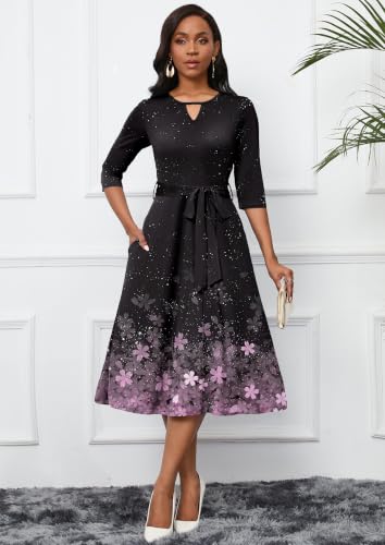 Image of CLOCOR Midi Dresses for Women Casual A-Line Fit and Flare Dress Crewneck 3 /4 Sleeve Keyhole Cocktail Party Church Dress