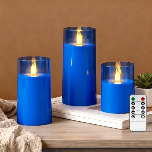 Raycare Flameless Battery Operated Pillar Candles with Remote Timer Blue