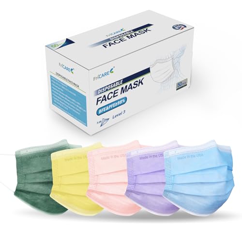 FriCARE Made in USA Disposable Face Masks, 3-Ply ASTM Level 3 Medical Grade, Breathable & Comfortable for Adult Daily Work/Sun Protection, 50 Pack Tropical Prism
