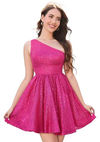 MIQILADUNA Graduation Dress Sparkly Sequin One Shoulder Short Homecoming Dress for Teens Mini Cocktail Dress Hot Pink 8