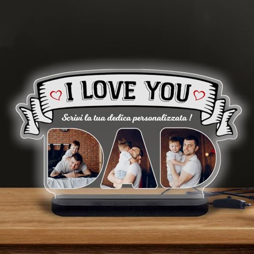 SLIDE Lampada personalizzata con foto idea regalo Festa del papà. Base a scelta + dedica. 3 Foto I Love You