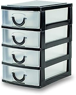 Lizzy Mini Storage Unit | 14.5cm x 9cm x 13cm | Transparent Mini Storage Tower | 4 Drawer with Handles | For Store Small Parts Crafts Desk Bathroom Kitchen Office (Black)