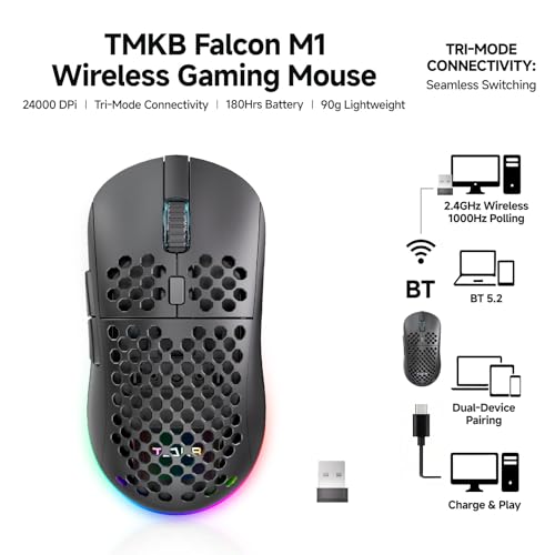 Image of TMKB Wireless Gaming Mouse, 24000DPI Optical Sensor, 180Hrs Battery, Lightweight, 6 Programmable Buttons, RGB Strip, 2.4G /BT5.2 /USB-C Wired for PC /Mac /Laptop - Matte Black