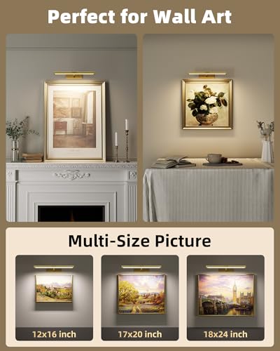EZVALO Picture Light for Wall, 4800mAh Rechargeable Wireless Remote Lights, 16'' Dimmable Magnetic LED Art Painting Light with 3 Color Temps, Display for Gallery, Living Room, Bedroom, Hallway (Gold)