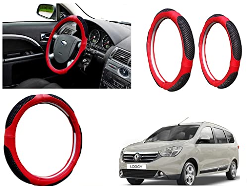 Image of Microfiber Car Steering Wheel Cover, Soft Padding Great Hand Feel, Anti-Slip, Faux Leather Steering Cover for Renault Lodgy | Black Red Jali - Pack of 1