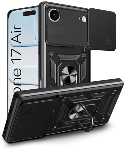 Image of WOW IMAGINE Tough Armor Bumper Mobile Back Case for iPhone 17 Air | Sliding Camera Shield Cover | Shock Proof 360 Protection | Hybrid PC + TPU | Ring Holder with Kickstand - Black