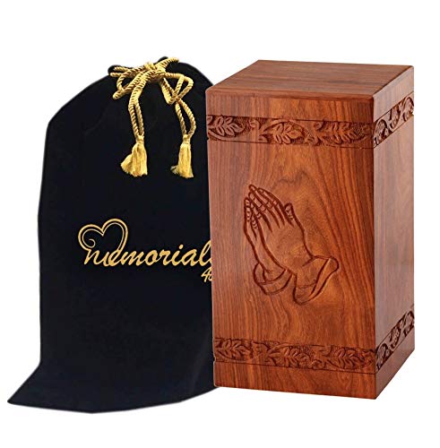 Memorials4U Solid Rosewood Cremation Urn With Hand-Carved Praying Hand Design And Custom Engraved Brass Plate For Human Ashes - Adult Funeral Urn Handcrafted And Engraved - Urn For Ashes - Wood Urn #TOP1
