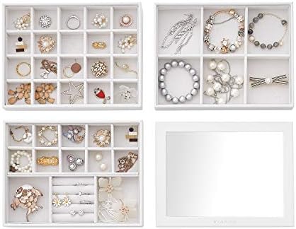 Vlando Stackable Jewelry Tray - Multipurpose Desktop Drawer Chest Jewelry Accessories Display Storage Organizer for Earring Necklace Bracelet Ring, 3-Layer w/Lid, White