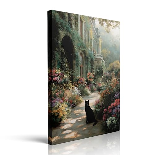 Serene Black Cat on Stone Pathway in Blooming Flower Garden