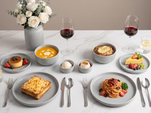 Image of Bodhi House 18 Piece Ribbed Porcelain Dinner Set 6 Dinner Plates | 6 Quarter Plates & 6 Katori, Microwave & Dishwasher Safe, Chip Resistant Crockery Set for Home & Gifting, Pearl Grey